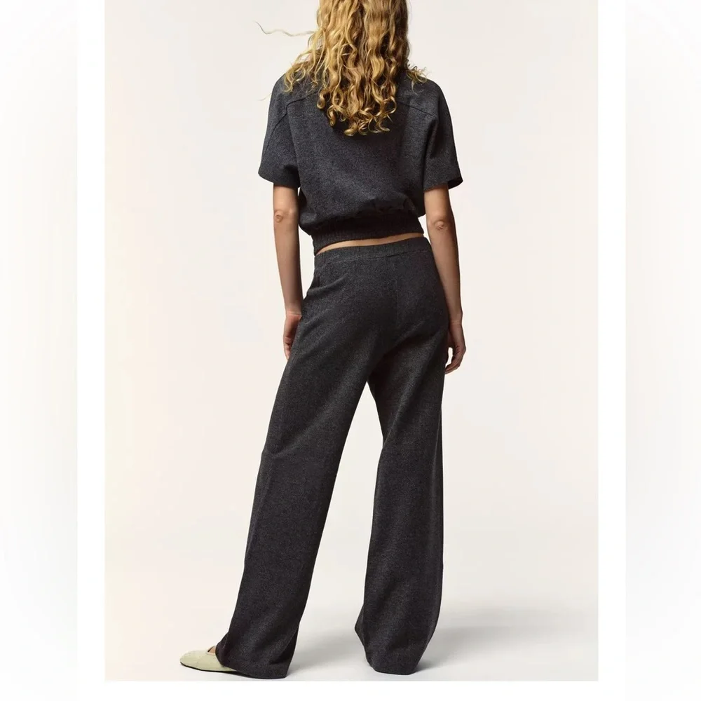 Zara NWT 2 piece matching pants set charcoal gray zipper front collared top